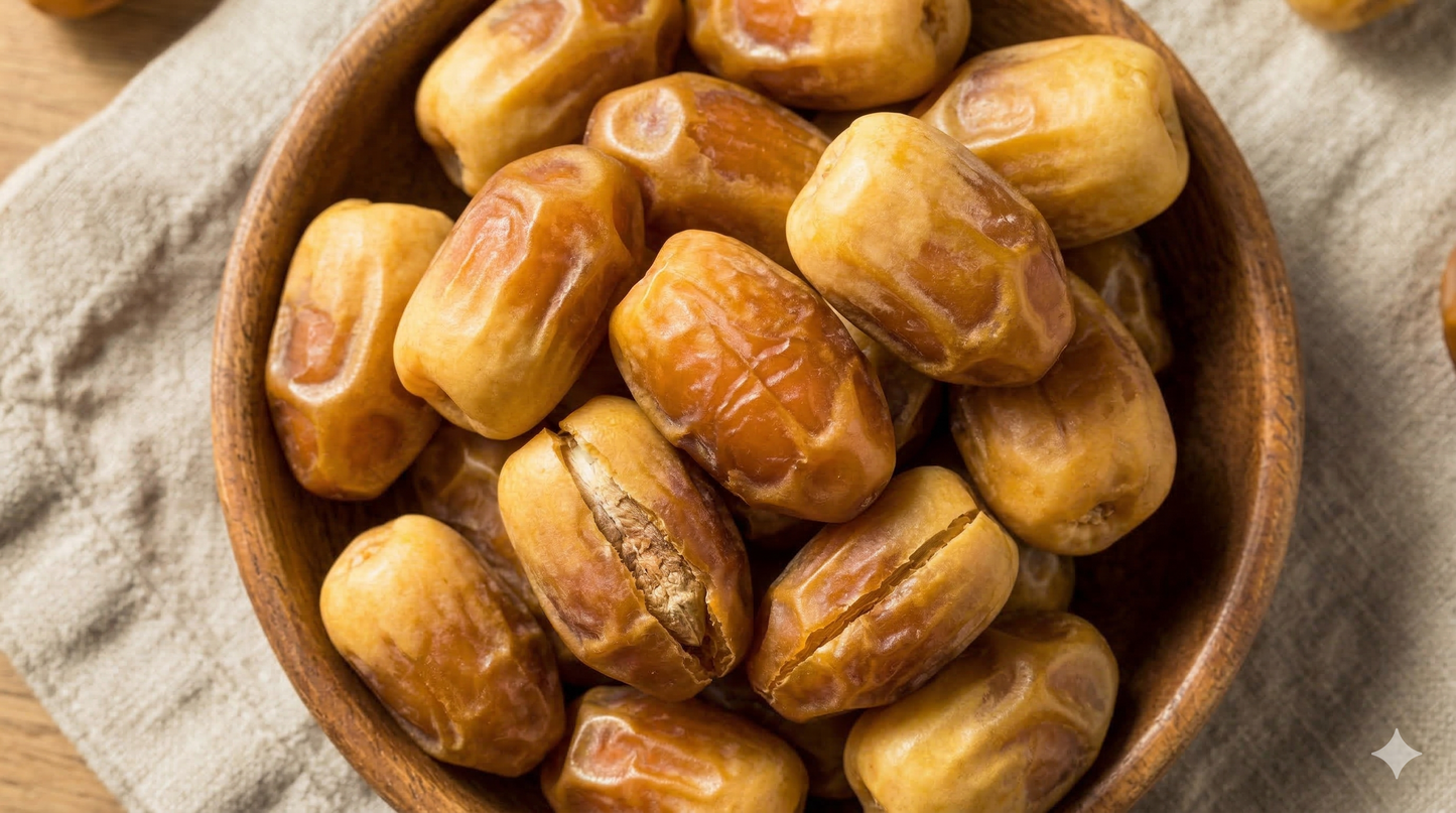 Wooden bowl filled with dates on a textured fabric background