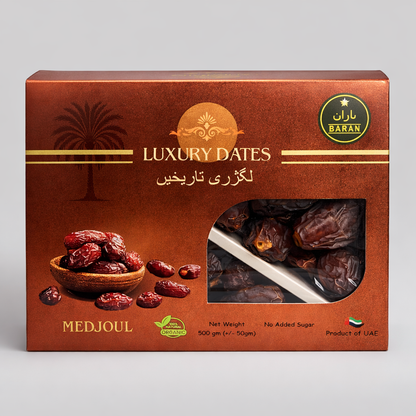 Box of Luxury Dates with Baran branding on a gray background