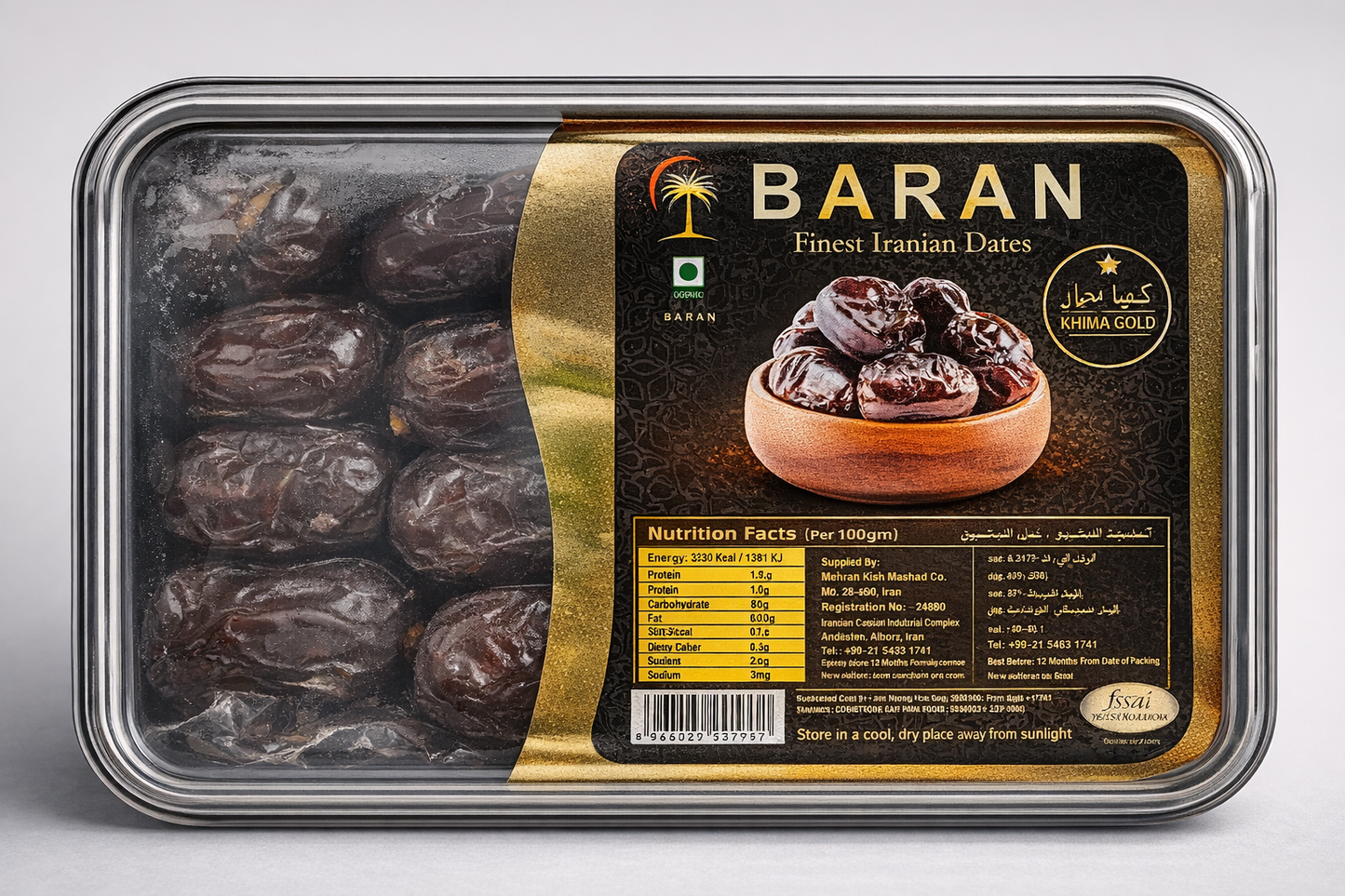 Baran Kimia Gold Dates 500g pack — premium soft Iranian dates from Bam