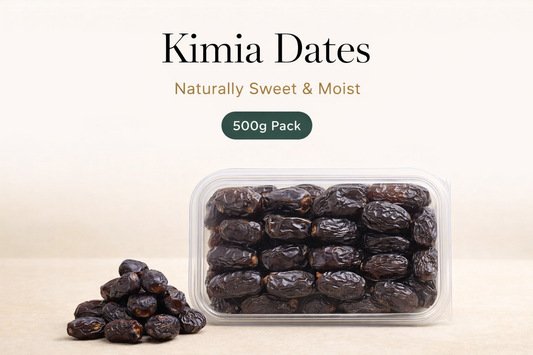 Kimia Gold dates close-up showing dark colour and soft moist texture