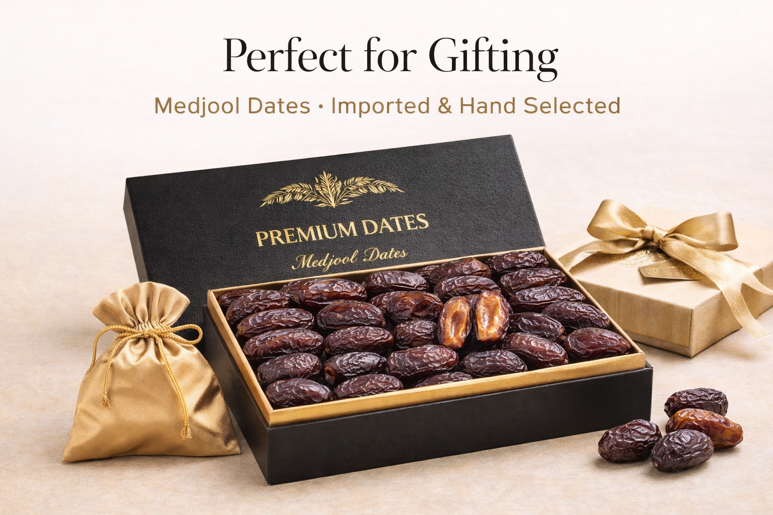 Box of Premium Dates with gold packaging and text on a beige background