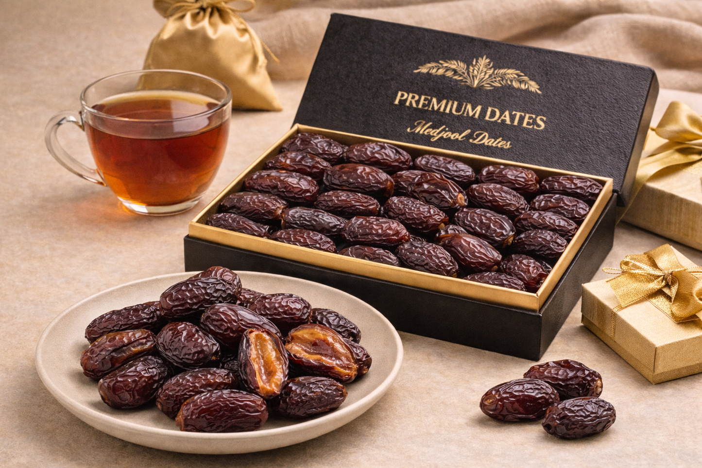 Box of premium dates with a plate of dates and a cup of tea on a beige surface.