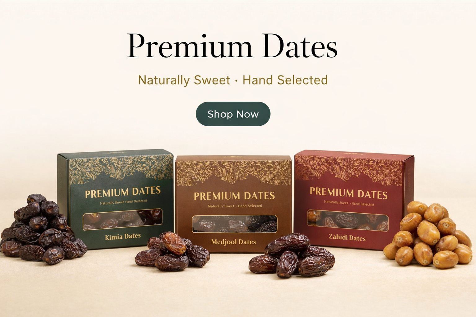 Three boxes of premium dates with piles of dates on a beige background, featuring 'Premium Dates' text.