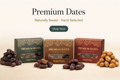 Three boxes of premium dates with piles of dates on a beige background, featuring 'Premium Dates' text.